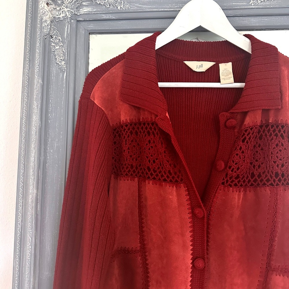 J. Jill Wool‎ Suede Crochet Patchwork Knit Button Front Long Cardigan S